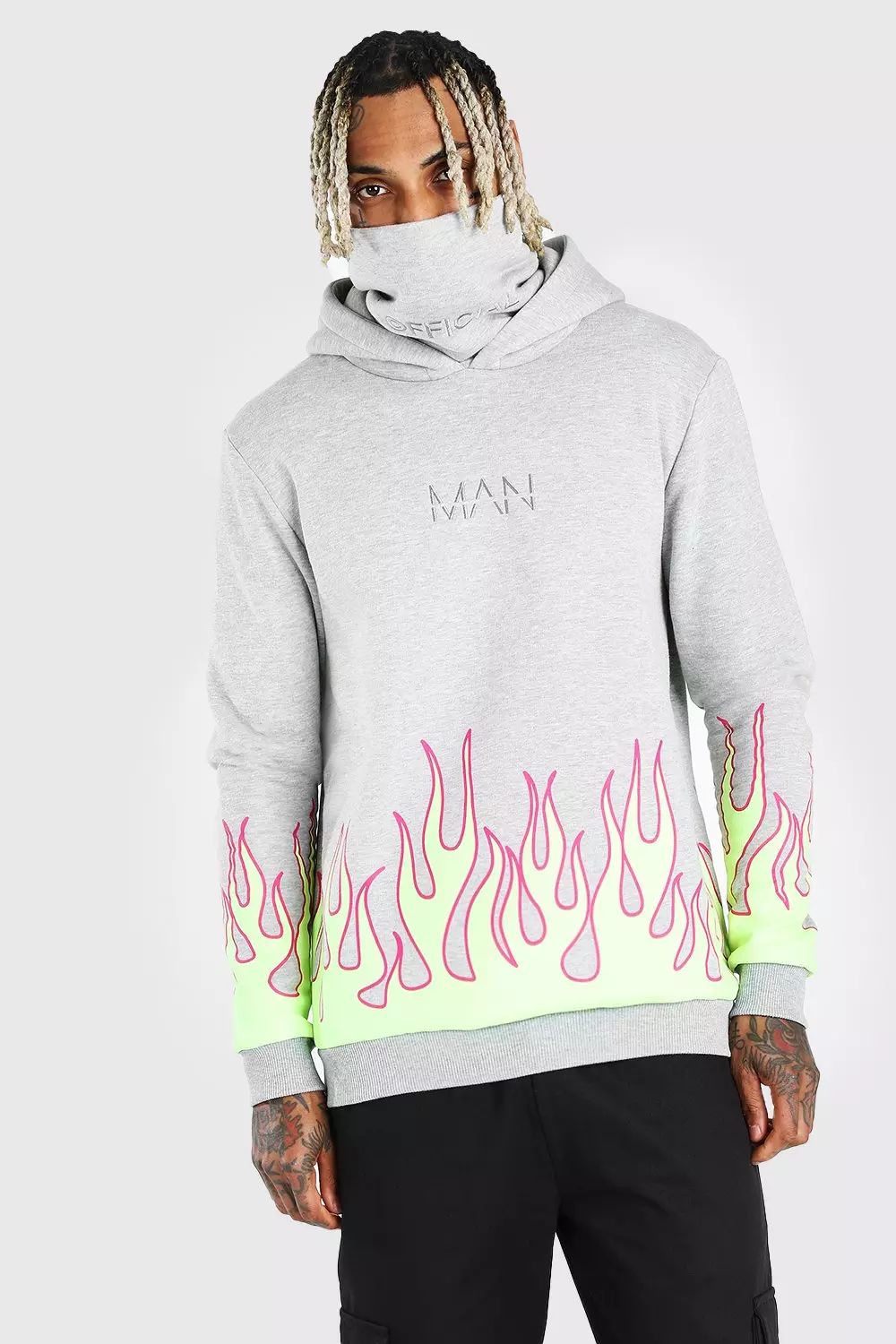 MAN Official Flame Print Snood Hoodie boohooMAN USA